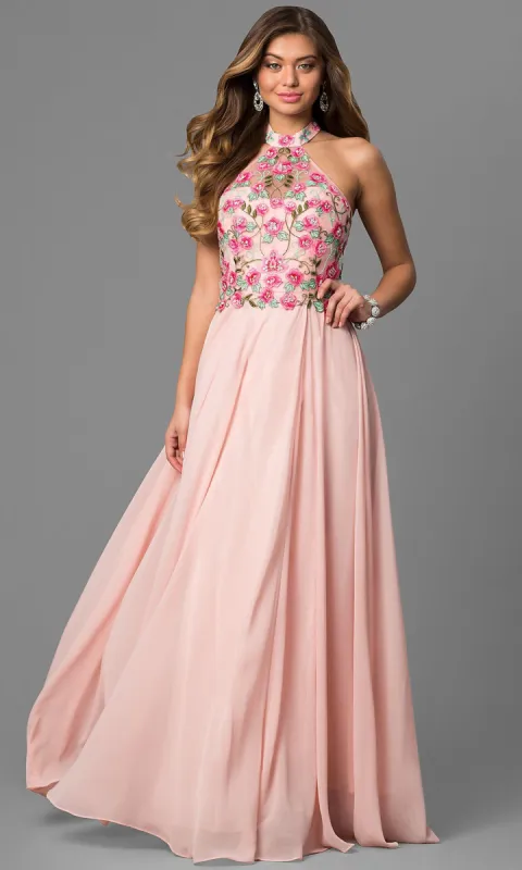 Long Halter Prom Dress with Embroidered Bodice sold by PromGirl