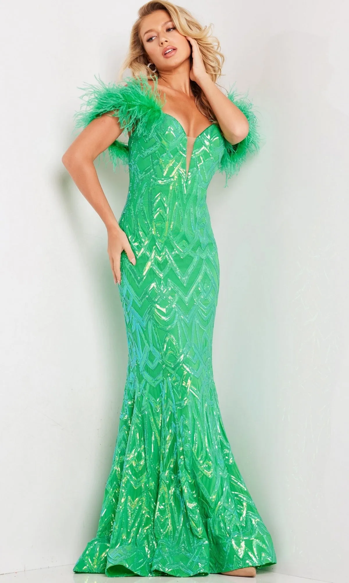 Jovani Feather-Trim Long Sequin Prom Dress 23383 sold by PromGirl product image thumbnail 3