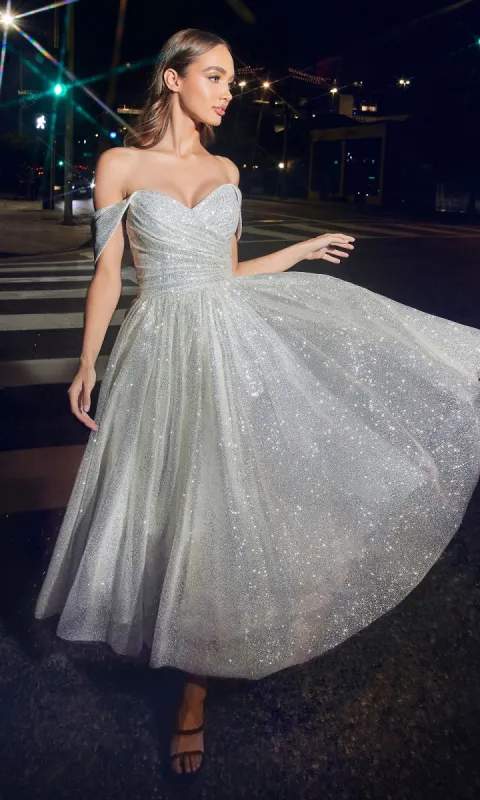 Tea-Length Off-Shoulder Glitter Dress CD869W made by PromGirl