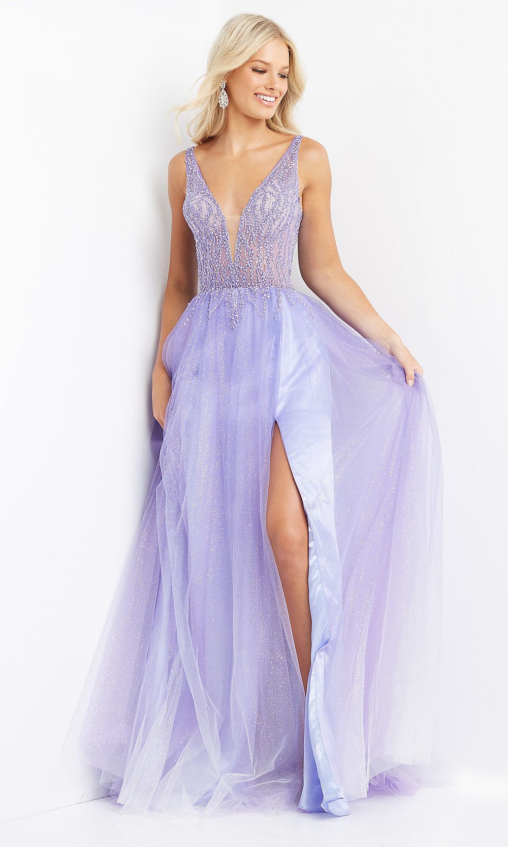 Glitter Sheer-Bodice Long Purple Prom Ball Gown sold by PromGirl