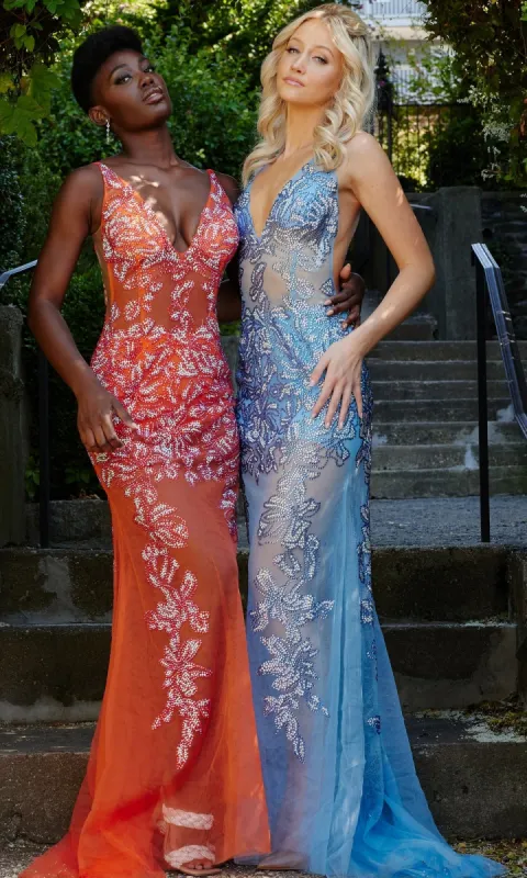 Jovani Beaded Sheer-Mesh Long Prom Dress 08275 sold by PromGirl
