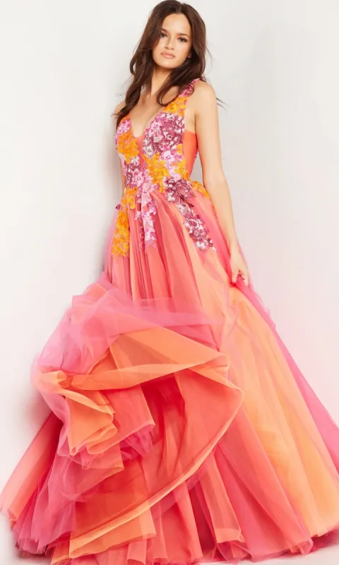 Jovani V-Neck Long Orange Prom Ball Gown 25800 sold by PromGirl