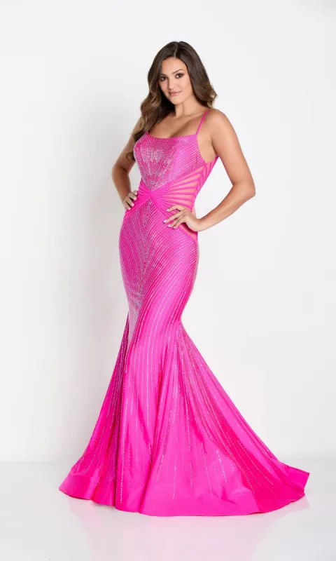 Ellie Wilde Stripe Sheer-Side Prom Dress EW34004 sold by PromGirl