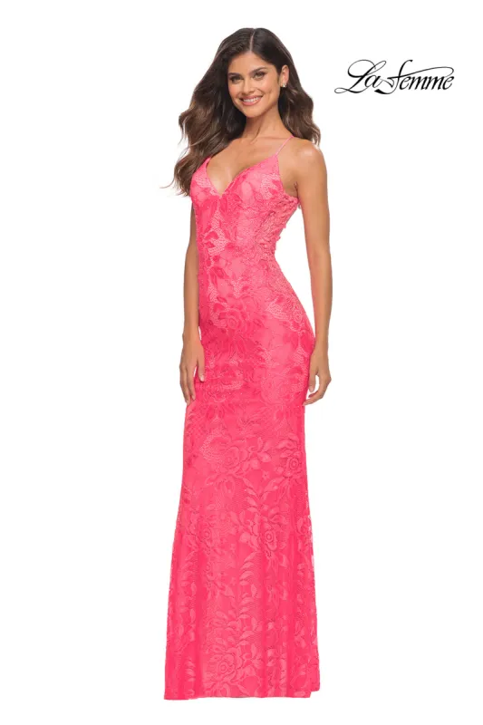 Lace Column-Style La Femme Lace Long Prom Dress sold by PromGirl