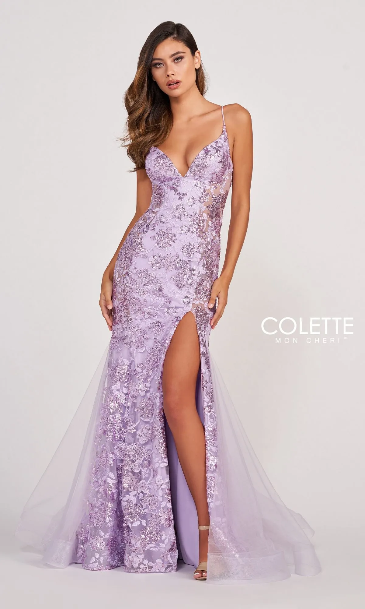 Colette Long Sequin Prom Dress with Sheer Sides sold by PromGirl