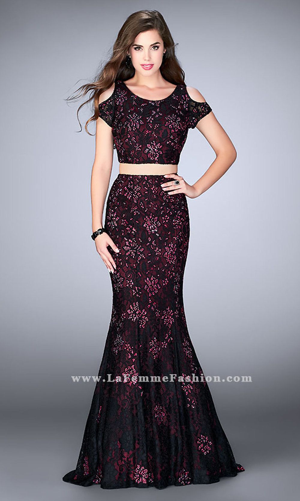 Two-Piece La Femme Long Lace Prom Dress sold by PromGirl