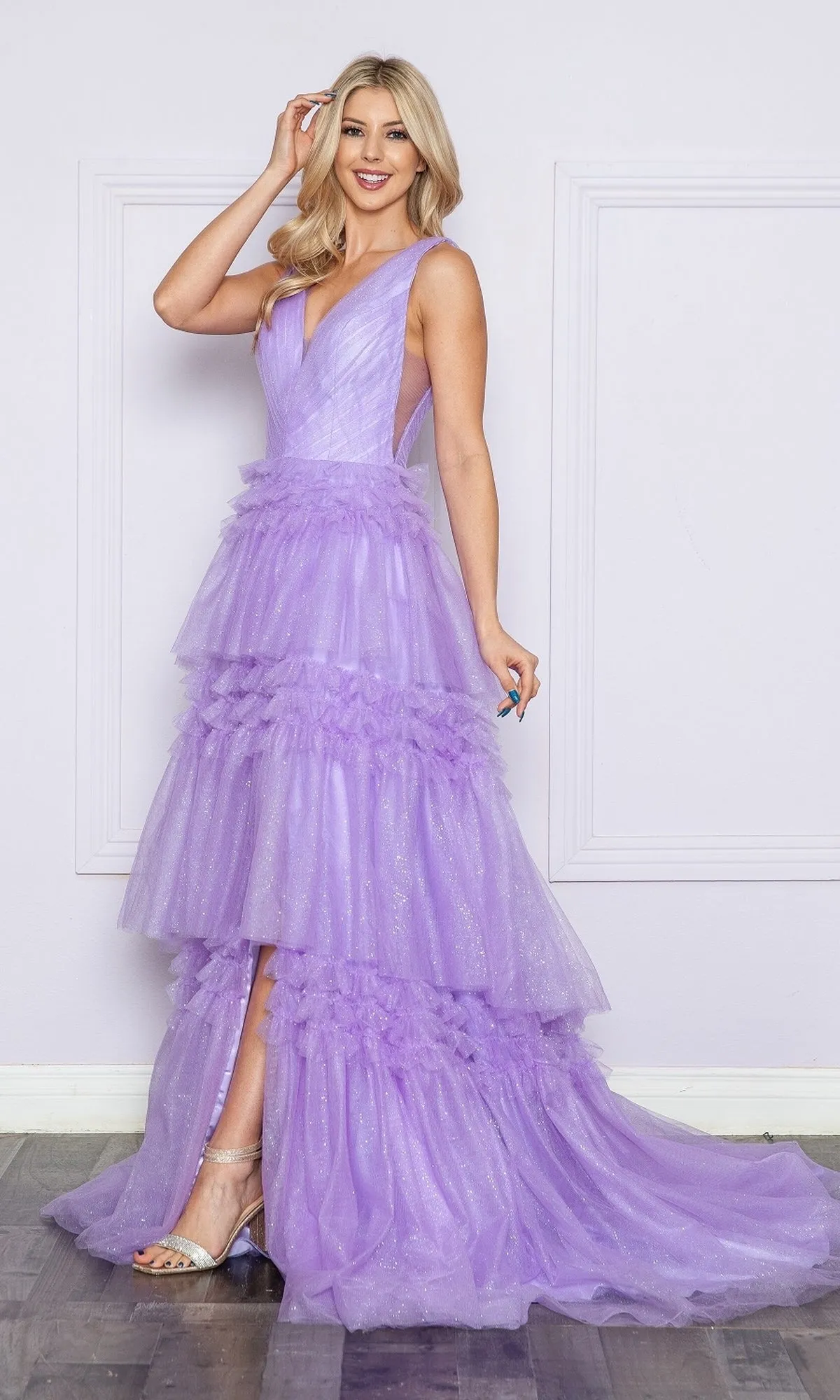 Ruffled Long V-Neck Prom Ball Gown: Poly USA 9406 sold by PromGirl product image thumbnail 5