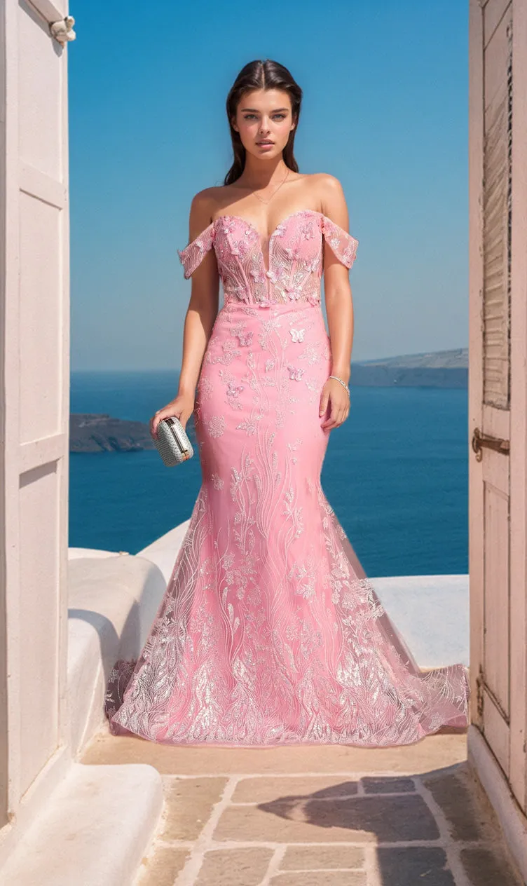 Off-Shoulder Long Butterfly Prom Dress: Chicas C332 sold by PromGirl