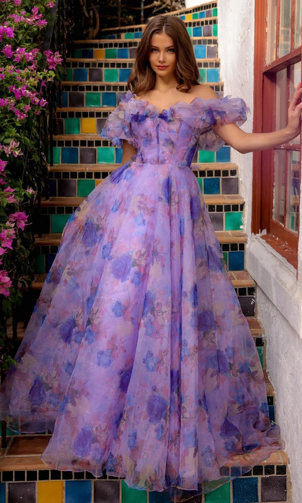 Purple Floral-Print Off-Shoulder Long Prom Gown sold by PromGirl product image thumbnail 3