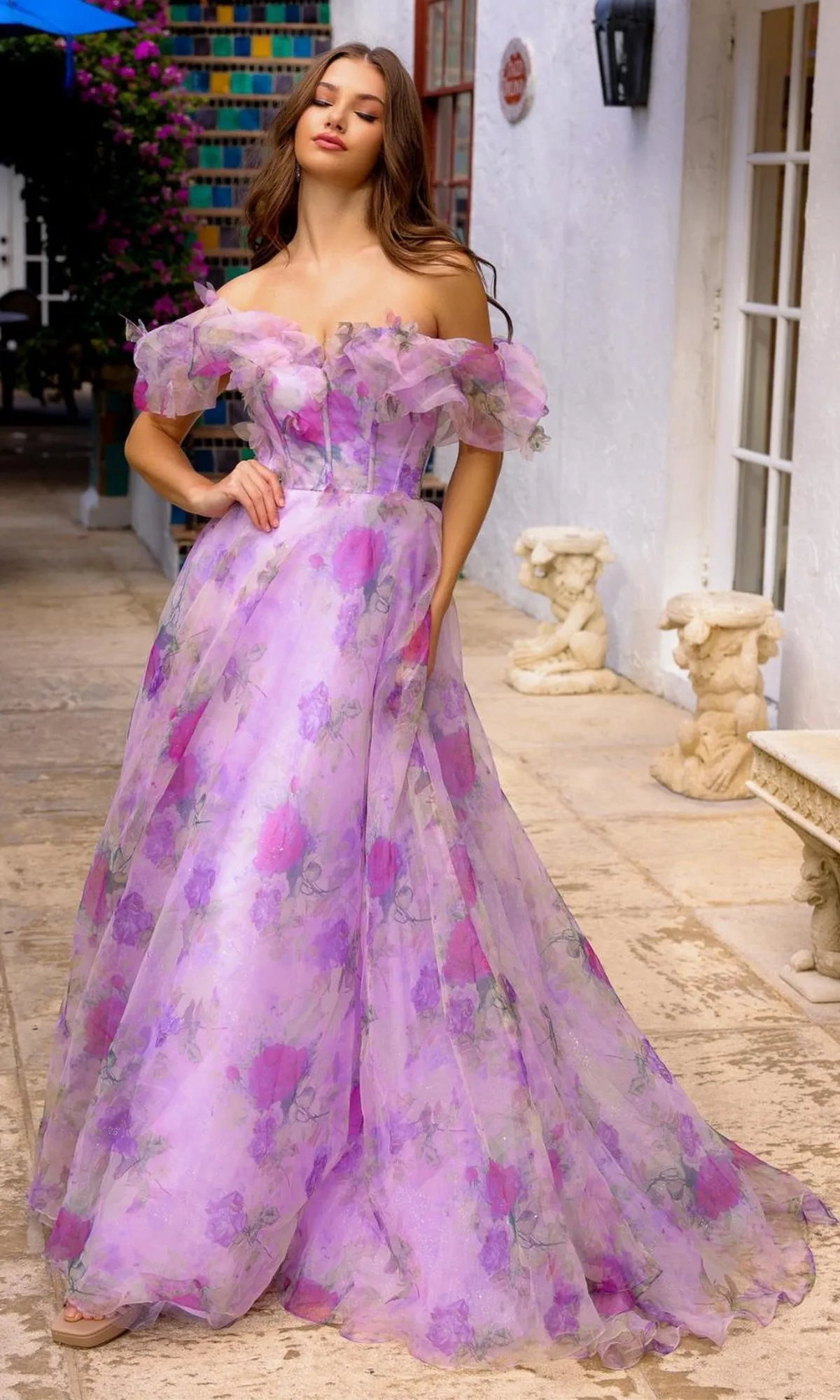 Purple Floral-Print Off-Shoulder Long Prom Gown sold by PromGirl