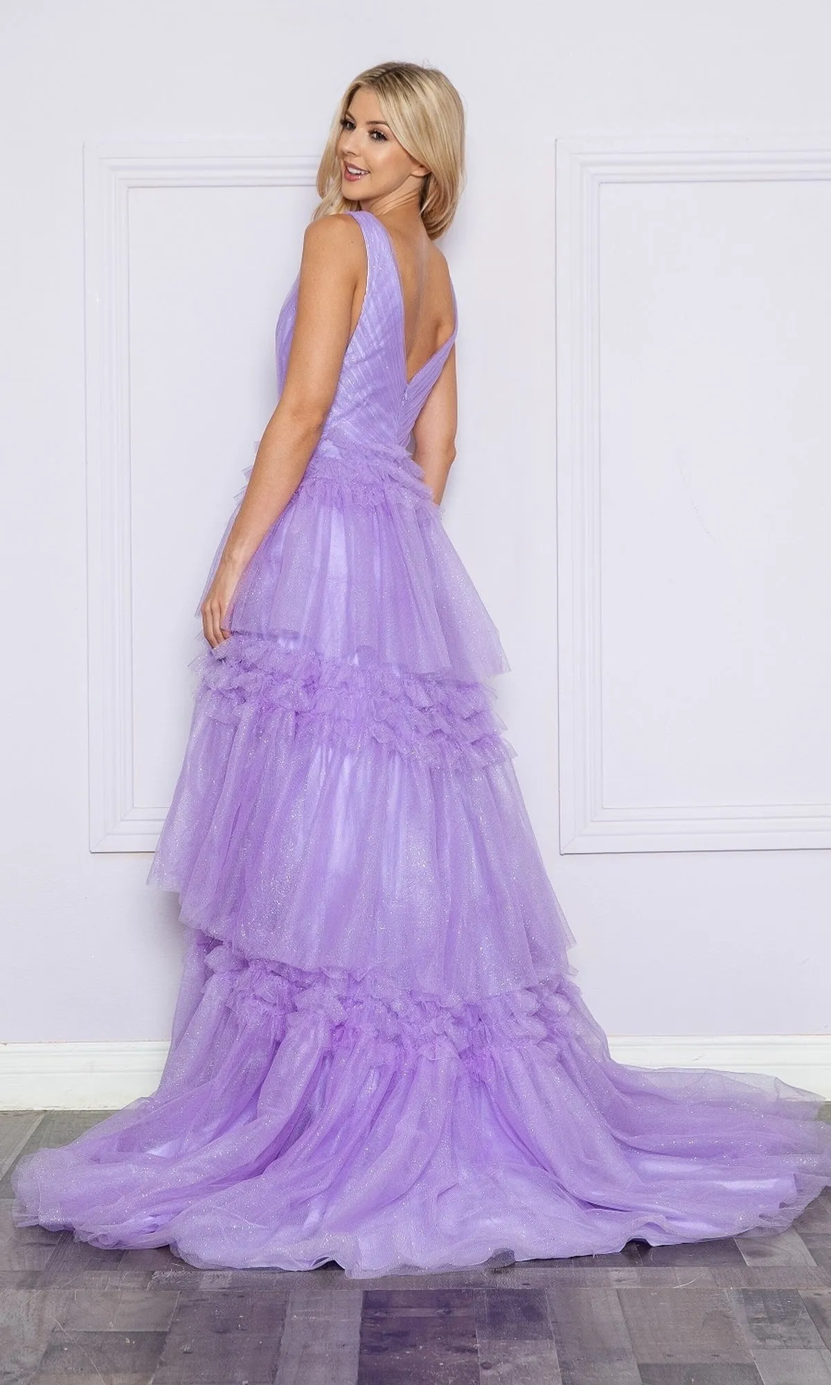 Ruffled Long V-Neck Prom Ball Gown: Poly USA 9406 sold by PromGirl product image thumbnail 2