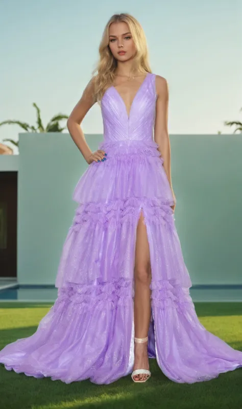 Ruffled Long V-Neck Prom Ball Gown: Poly USA 9406 sold by PromGirl