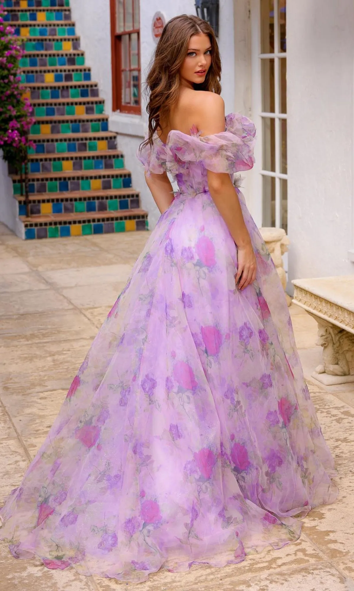 Purple Floral-Print Off-Shoulder Long Prom Gown sold by PromGirl product image thumbnail 2