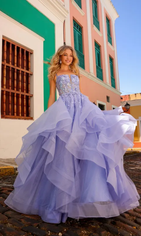 Lace-Up Long Tiered Prom Ball Gown H1351 sold by PromGirl