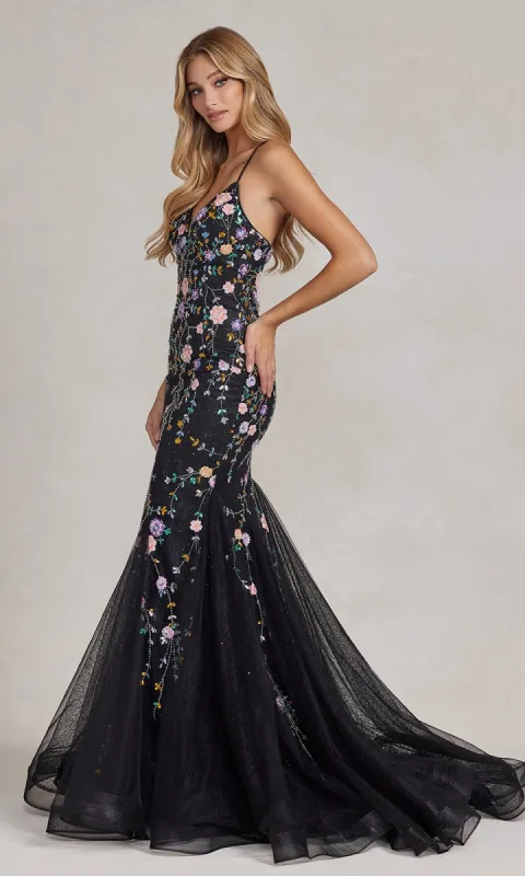 V-Neck Mermaid Prom Dress with Floral Sequin Print sold by PromGirl