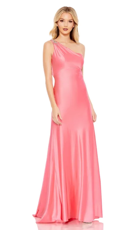 One-Shoulder Long Pink Prom Dress with Brooch 68046 made by Mac Duggal