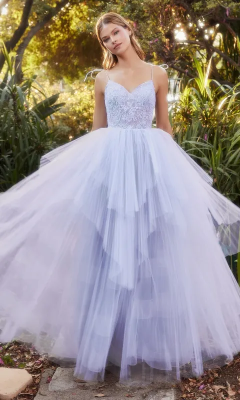 Tiered Long Blue Prom Ball Gown with Bows A1152 sold by PromGirl