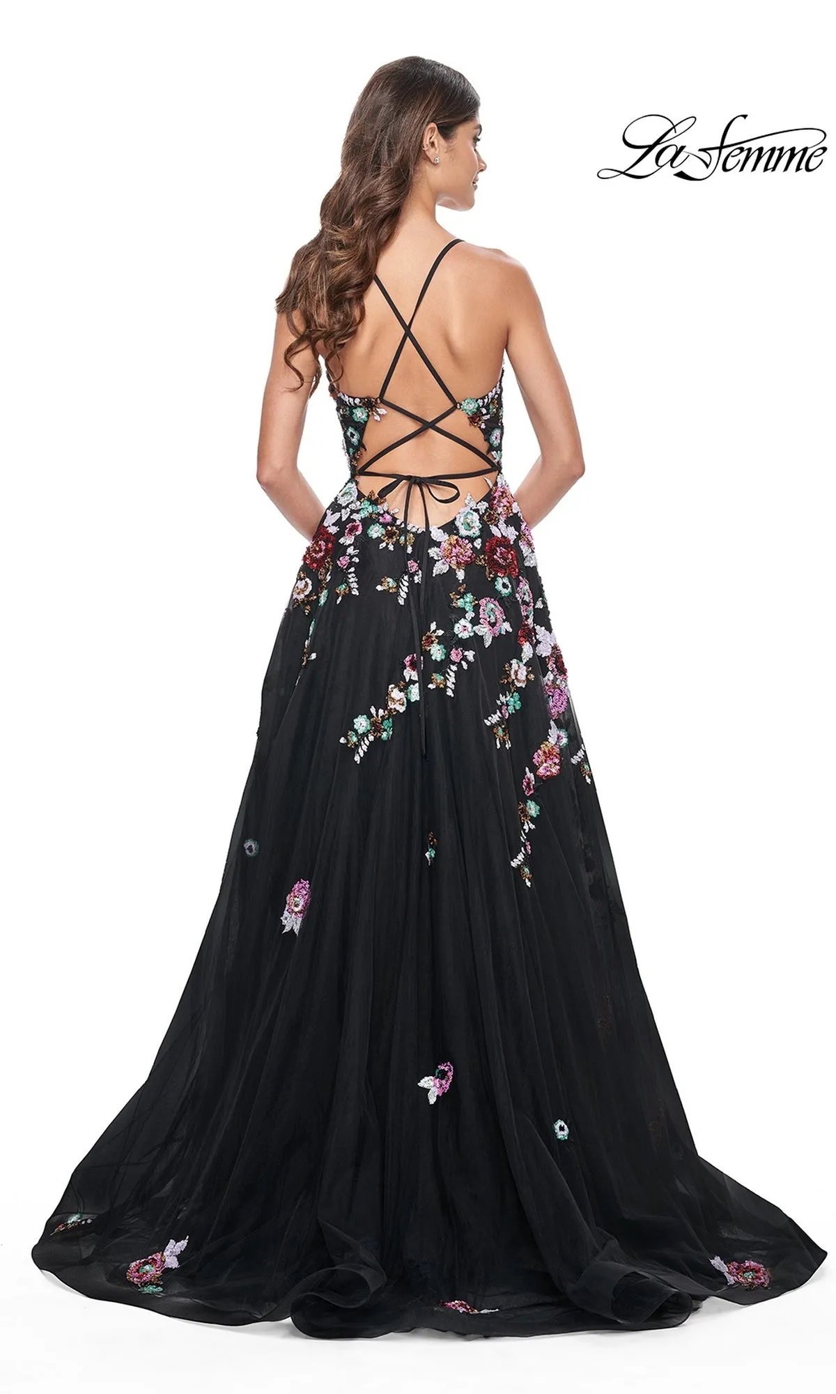 La Femme Floral-Sequin Long Black Prom Dress 32051 sold by PromGirl product image thumbnail 2