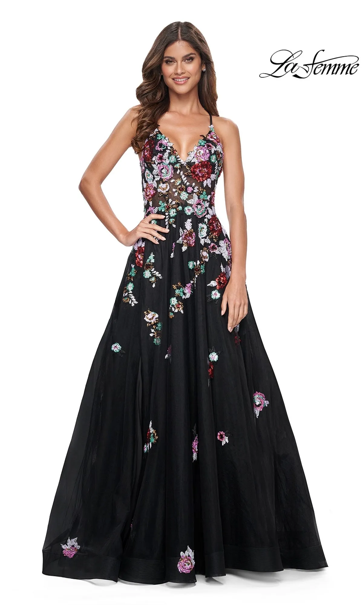 La Femme Floral-Sequin Long Black Prom Dress 32051 sold by PromGirl product image thumbnail 5