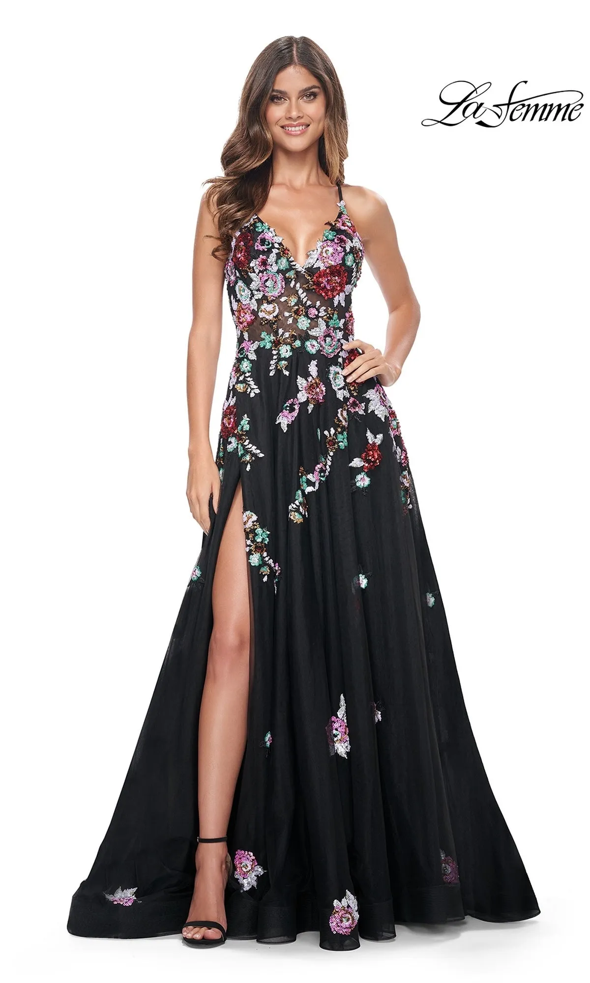 La Femme Floral-Sequin Long Black Prom Dress 32051 sold by PromGirl