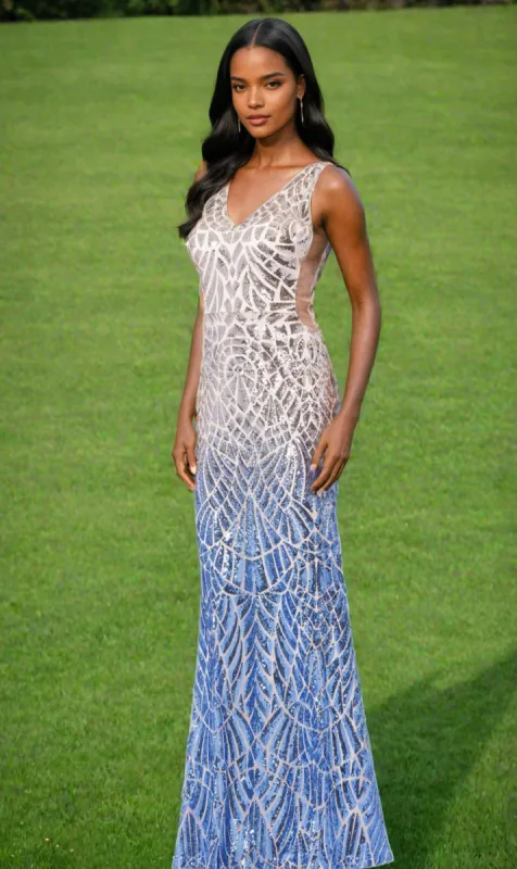 Silver and Blue Ombre Prom Dress with Sequin Print sold by PromGirl