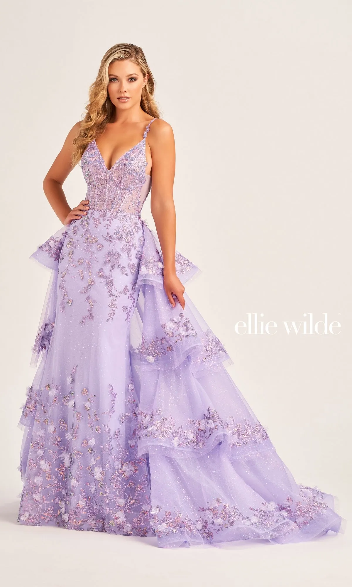 Tiered-Train Ellie Wilde Long Prom Dress EW35045 sold by PromGirl product image thumbnail 3