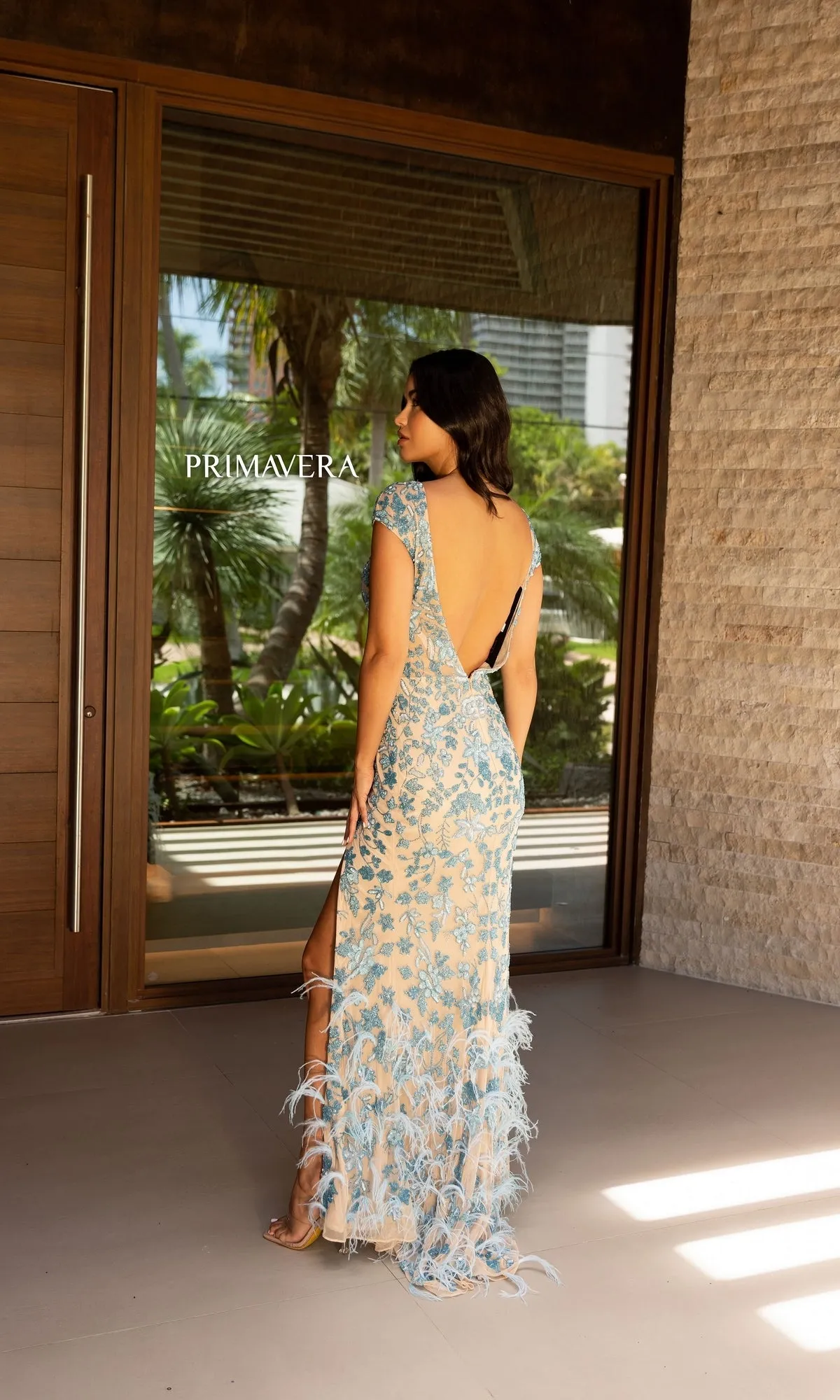 Feathered Cap-Sleeve Long Beaded Prom Dress 12107 sold by PromGirl product image thumbnail 4