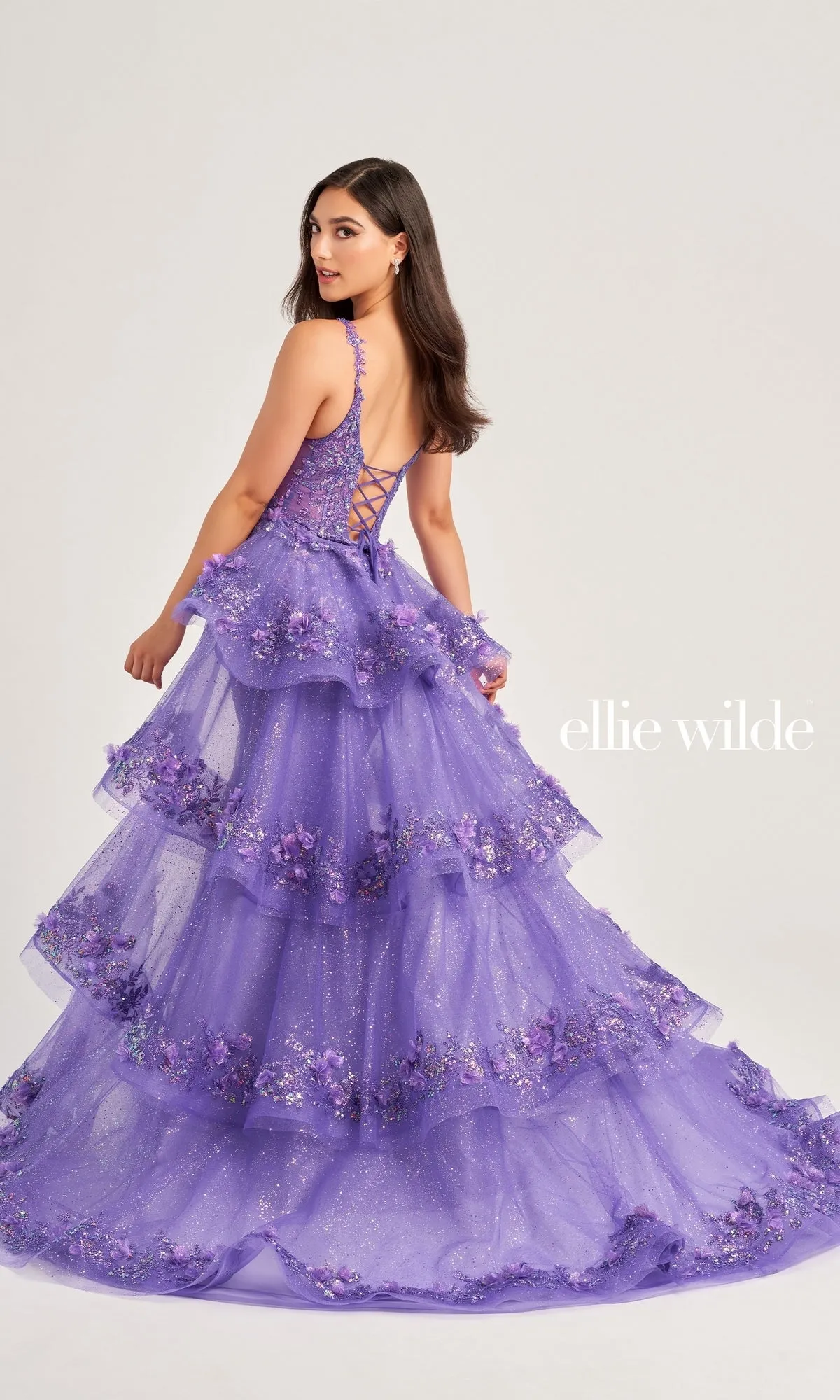 Tiered-Train Ellie Wilde Long Prom Dress EW35045 sold by PromGirl product image thumbnail 2
