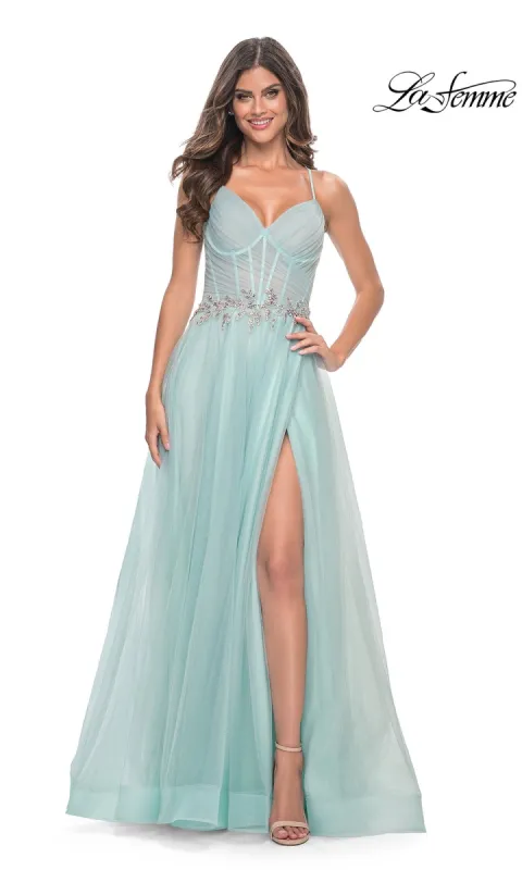 La Femme Sheer-Bodice Long A-Line Prom Dress 32117 sold by PromGirl