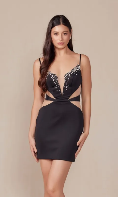 Sheer Cut-Out Homecoming Dress: Nox Anabel Q834 sold by PromGirl