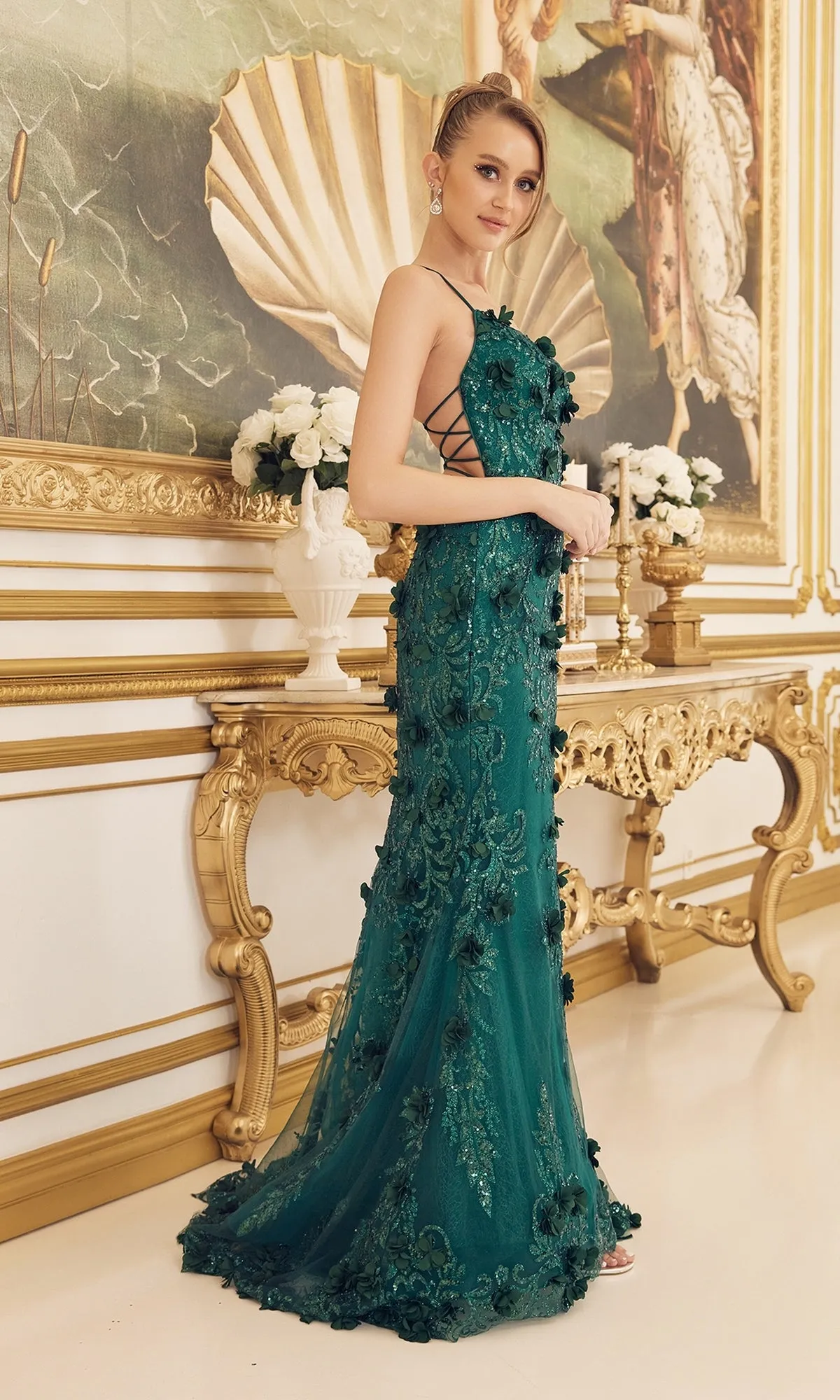 Backless Emerald Green Prom Dress with 3-D Flowers sold by PromGirl product image thumbnail 3
