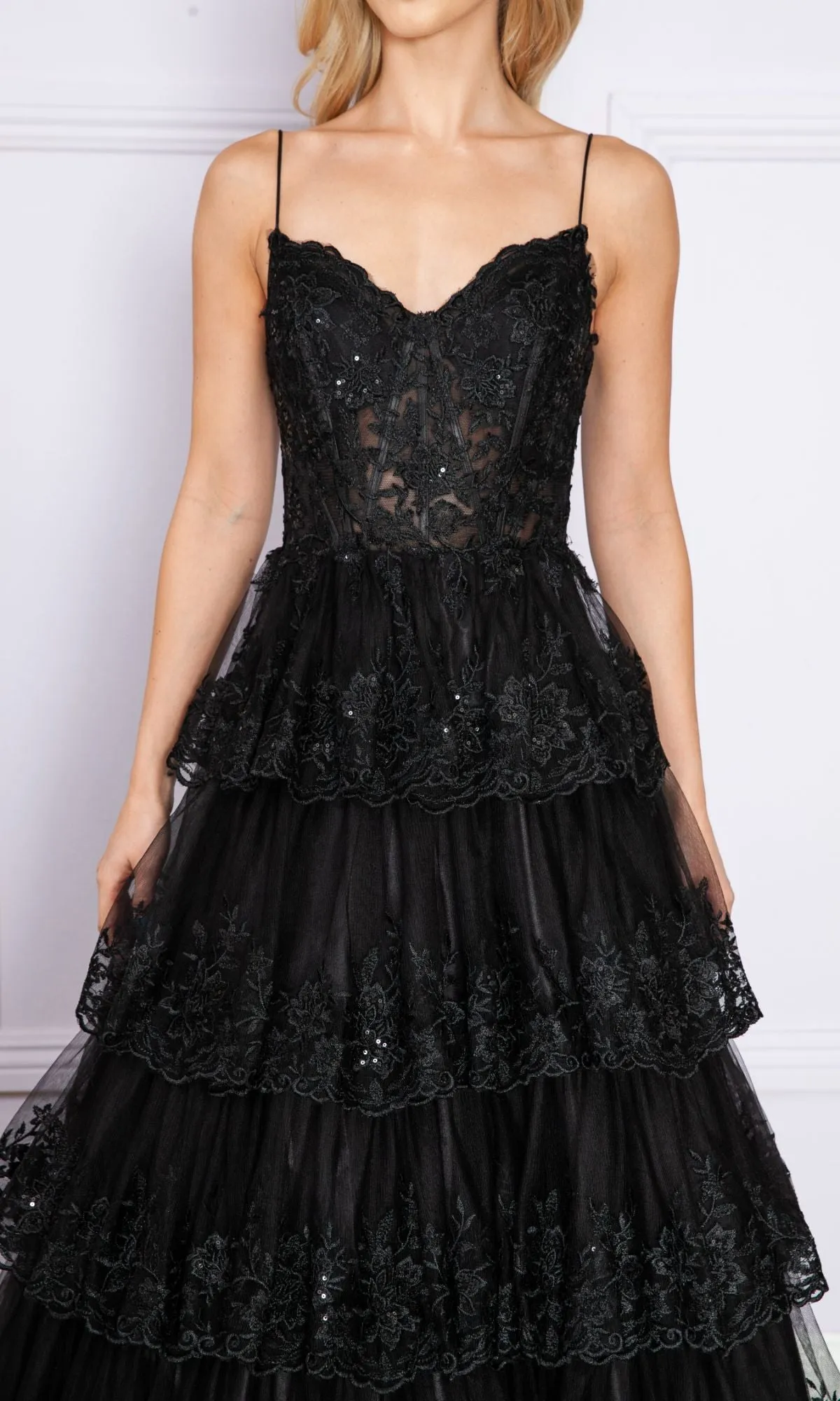 Sheer-Bodice Long Ruffle Prom Ball Gown: Poly 9402 sold by PromGirl product image thumbnail 5