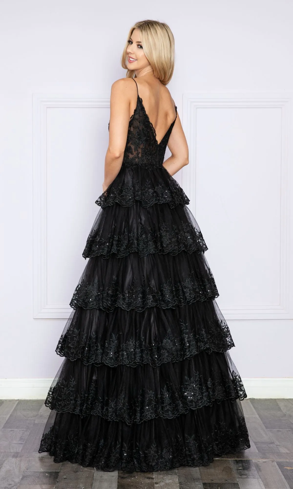 Sheer-Bodice Long Ruffle Prom Ball Gown: Poly 9402 sold by PromGirl product image thumbnail 2