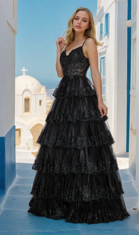 Sheer-Bodice Long Ruffle Prom Ball Gown: Poly 9402 sold by PromGirl
