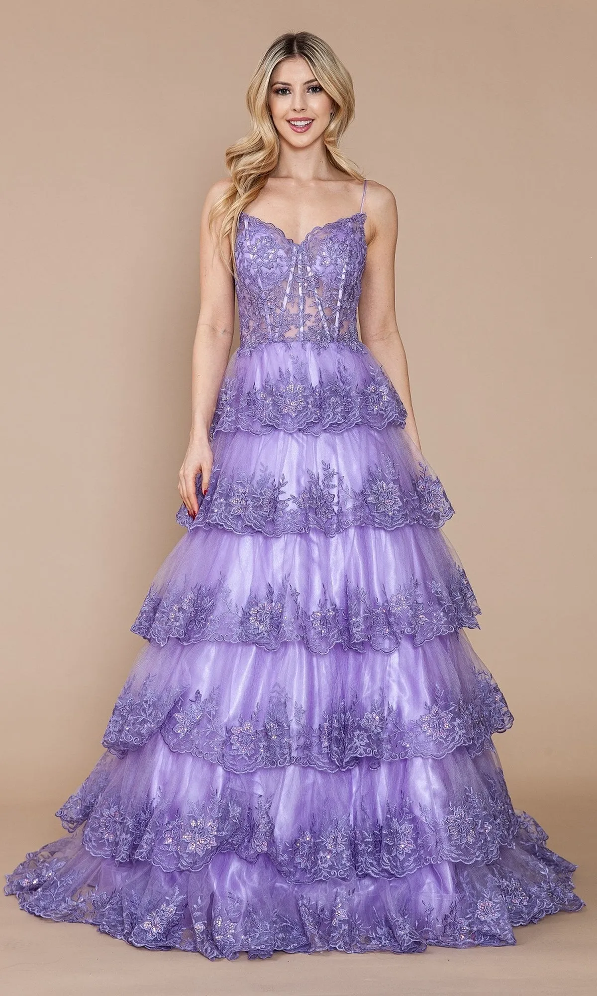 Sheer-Bodice Long Ruffle Prom Ball Gown: Poly 9402 sold by PromGirl product image thumbnail 3