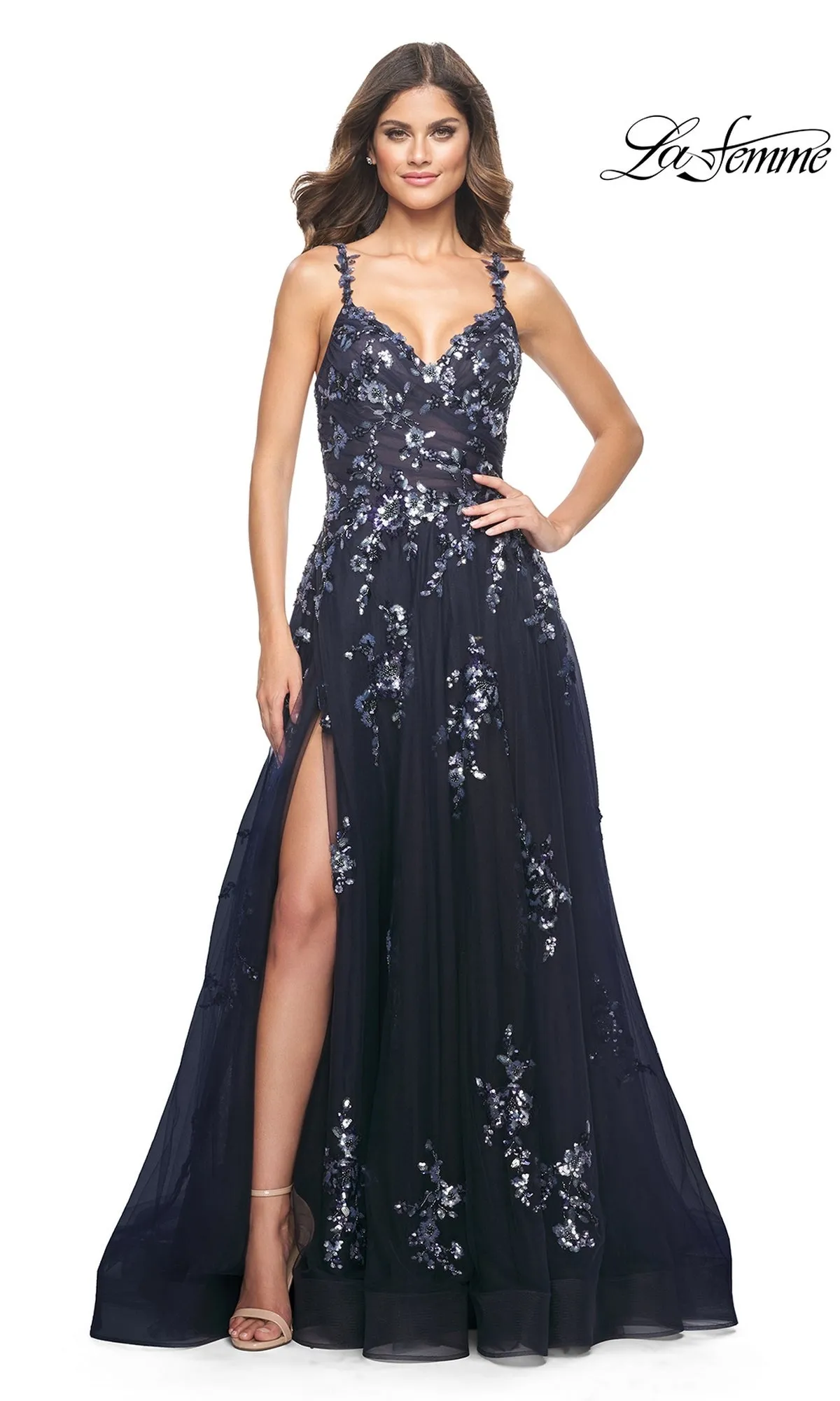 La Femme Navy Long Sequin-Print Prom Dress 31936 sold by PromGirl
