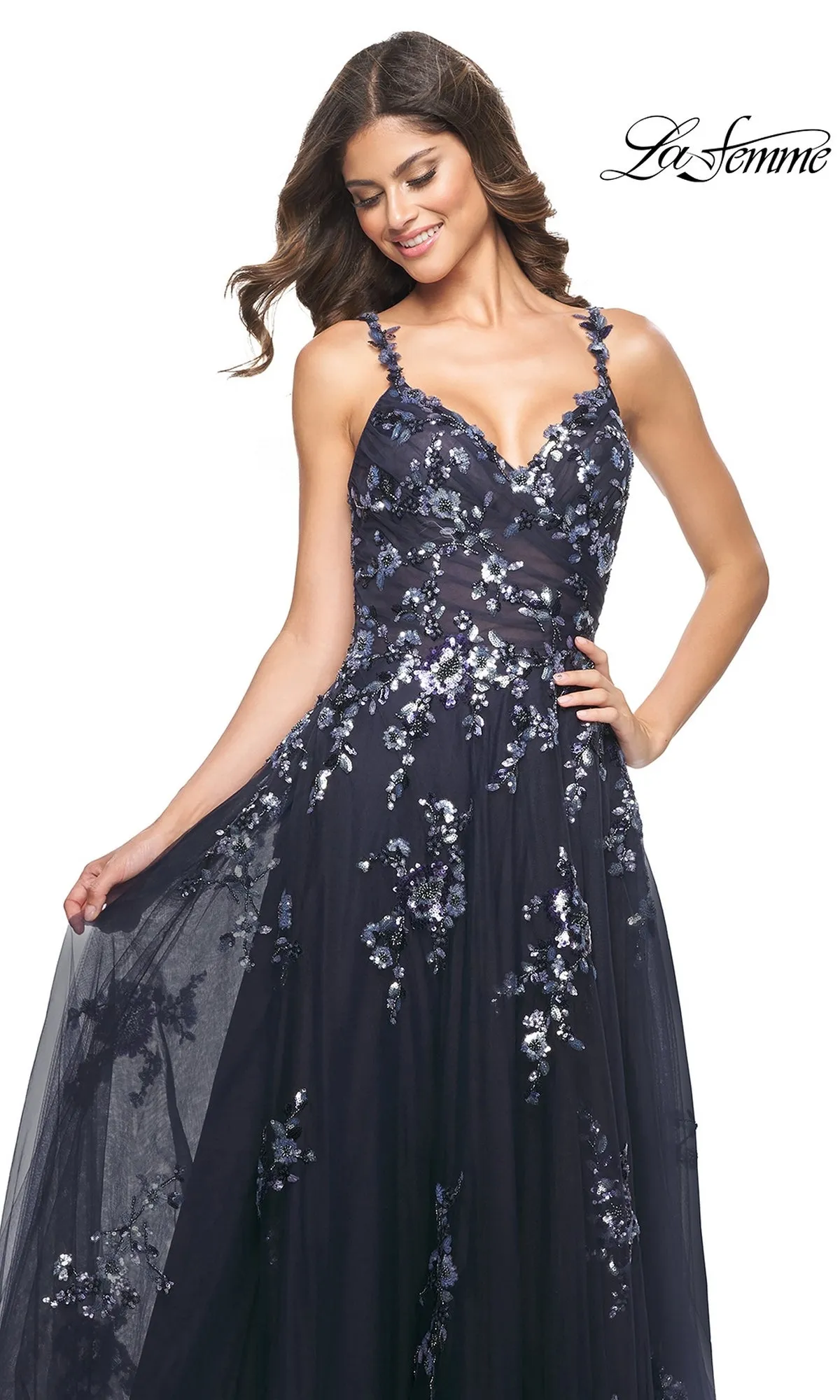 La Femme Navy Long Sequin-Print Prom Dress 31936 sold by PromGirl product image thumbnail 3