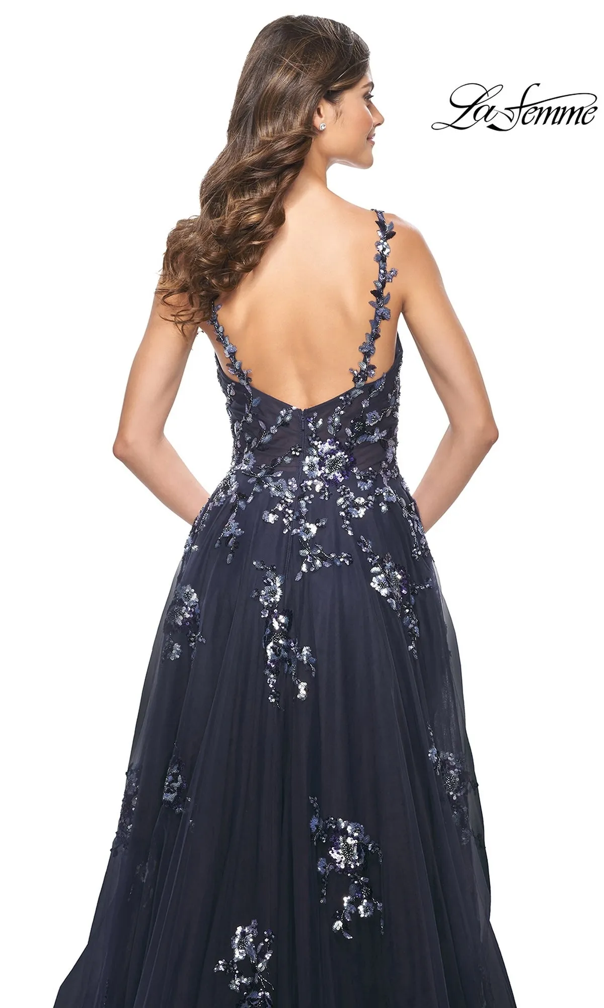 La Femme Navy Long Sequin-Print Prom Dress 31936 sold by PromGirl product image thumbnail 4