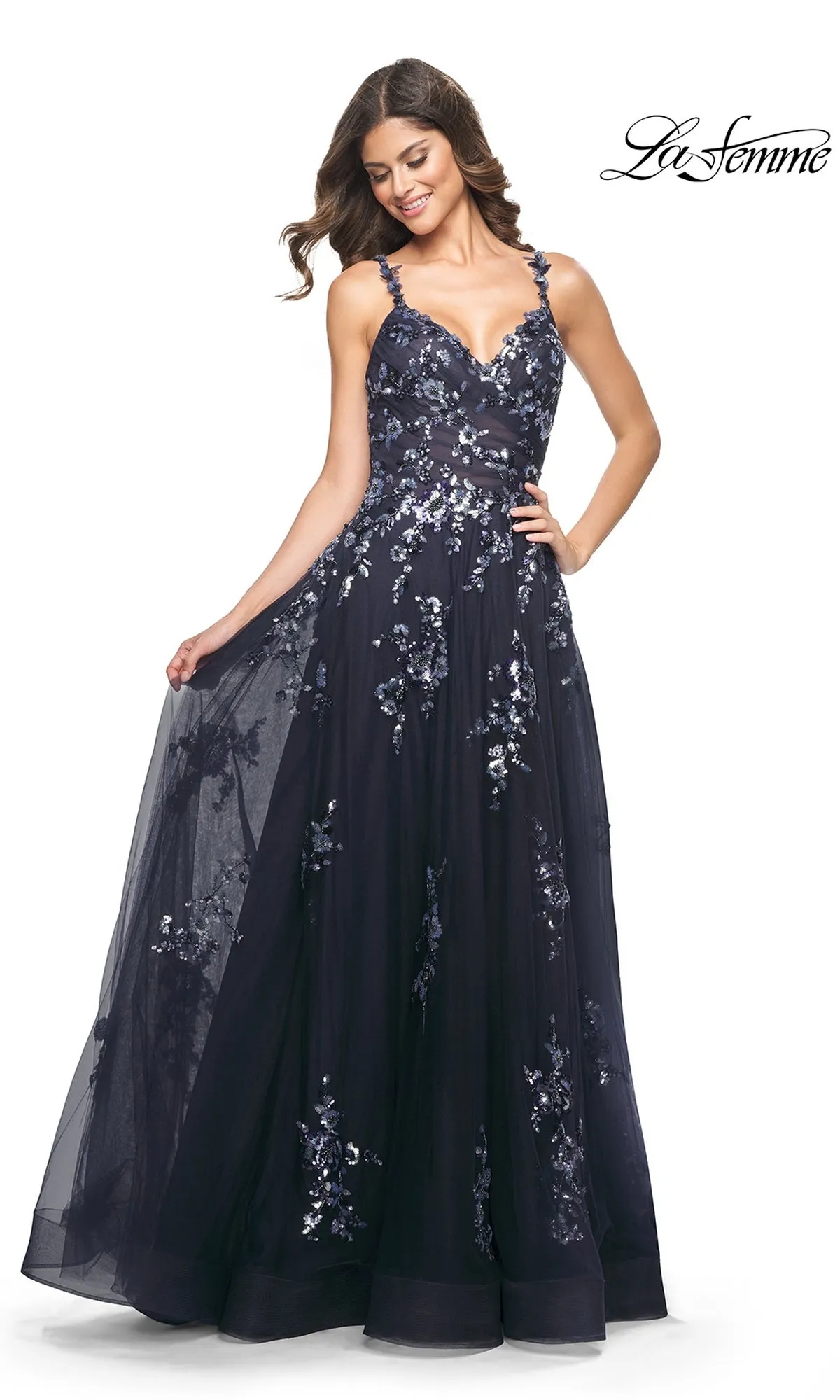 La Femme Navy Long Sequin-Print Prom Dress 31936 sold by PromGirl product image thumbnail 5