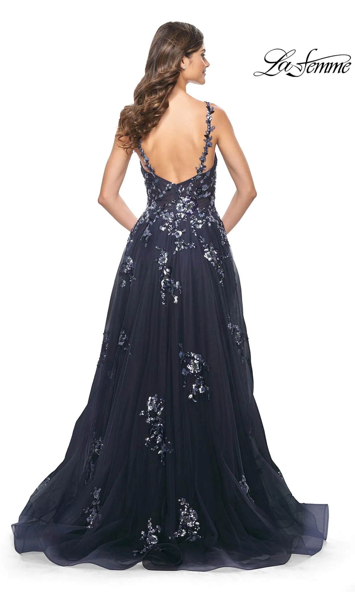 La Femme Navy Long Sequin-Print Prom Dress 31936 sold by PromGirl product image thumbnail 2