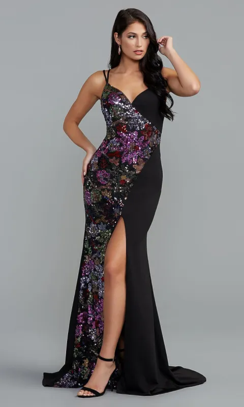 PromGirl Long Black Prom Dress with Floral Sequins sold by PromGirl
