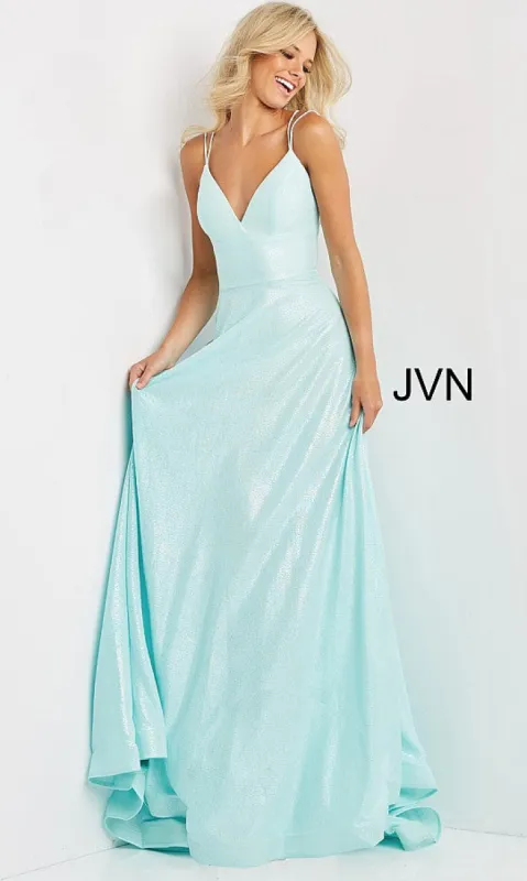 Long Shimmer Pink JVN by Jovani A-Line Prom Dress sold by PromGirl