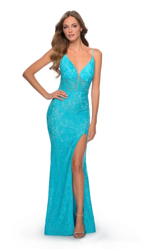 La Femme V-Neck Sheer Corset Lace Prom Dress 28591 sold by PromGirl