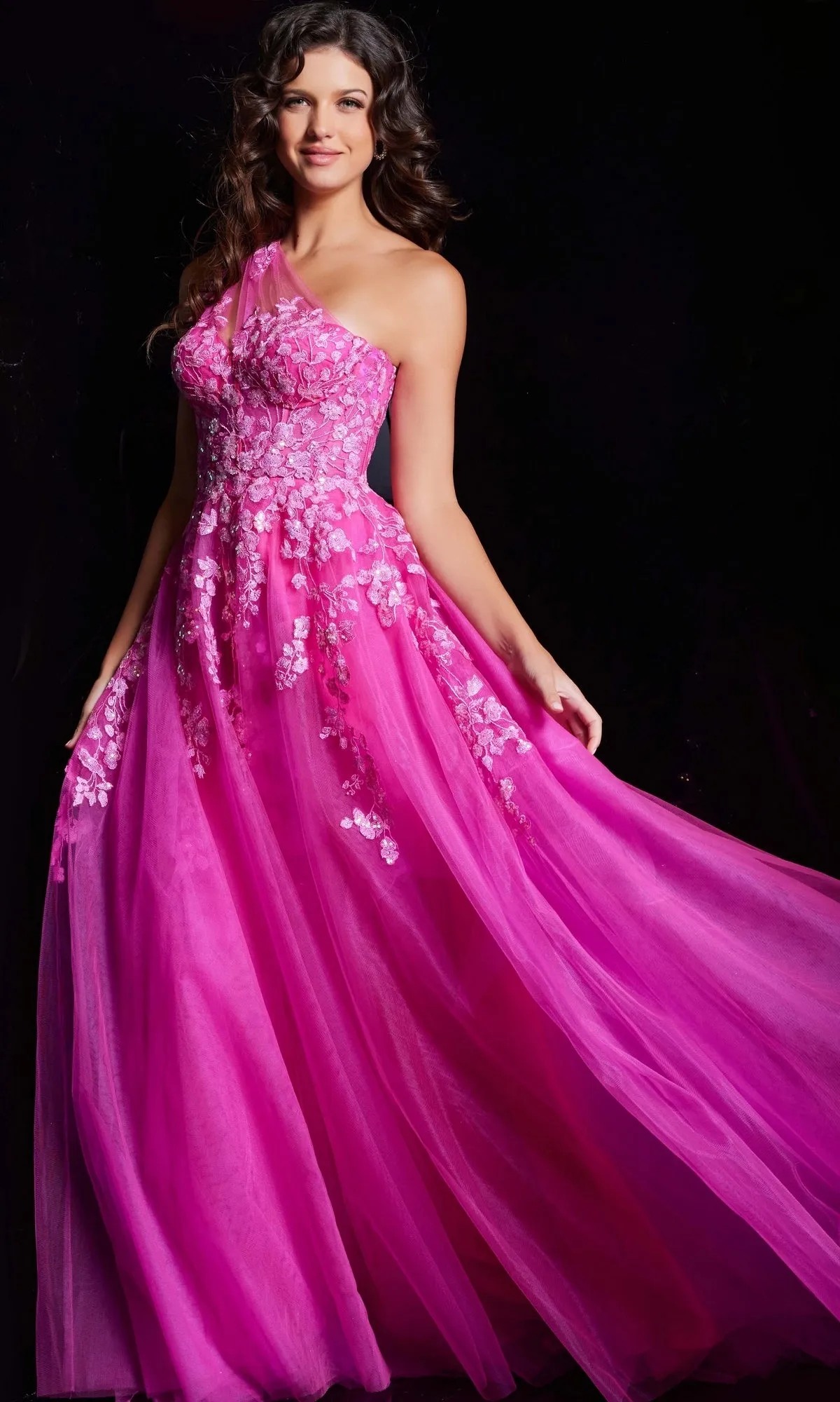 Embroidered One-Shoulder Prom Ball Gown JVN39318 sold by PromGirl