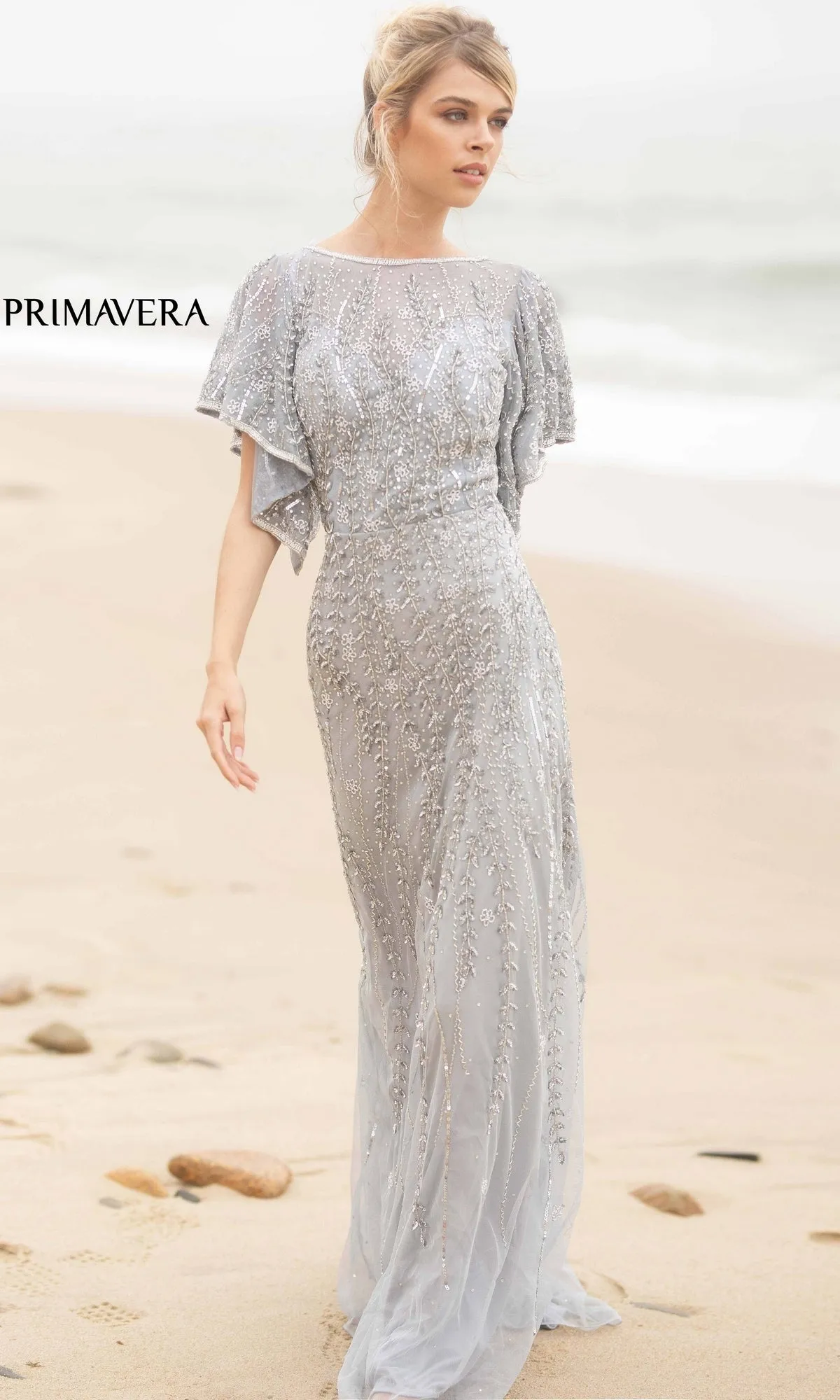 Short-Sleeve Beaded Long Prom Dress 3681 sold by PromGirl