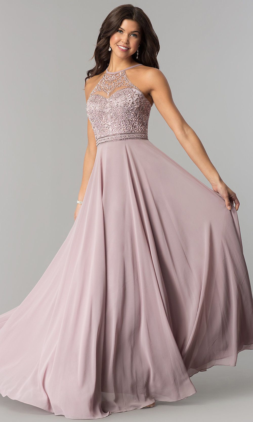 Embroidered-Bodice High-Neck Long Chiffon Prom Dress sold by PromGirl product image thumbnail 3