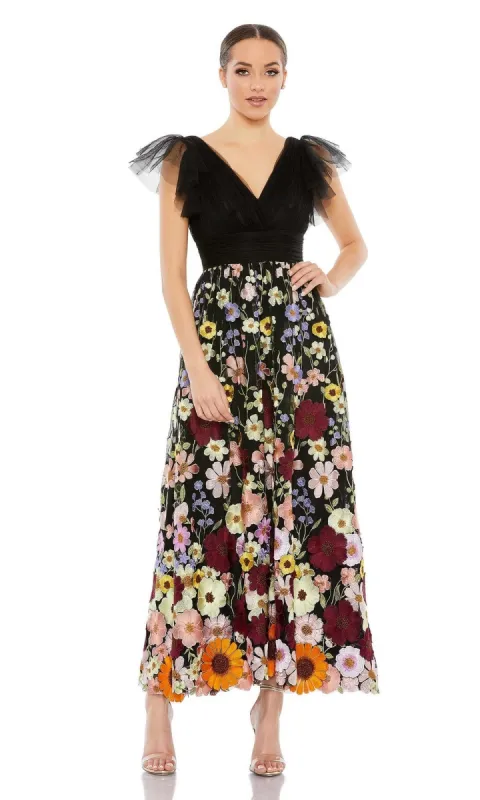 Tea-Length Floral Formal Dress: Mac Duggal 68204 sold by PromGirl