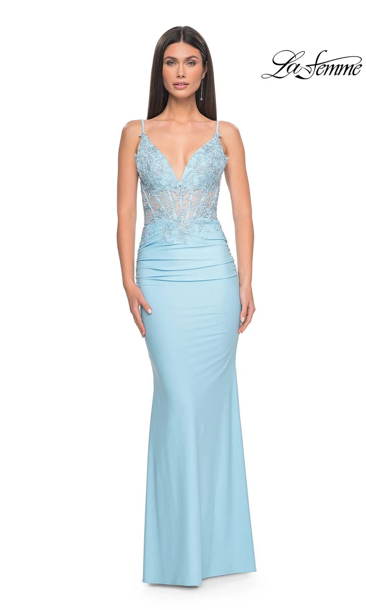 La Femme Sheer-Waist Long V-Neck Prom Dress 31128 sold by PromGirl