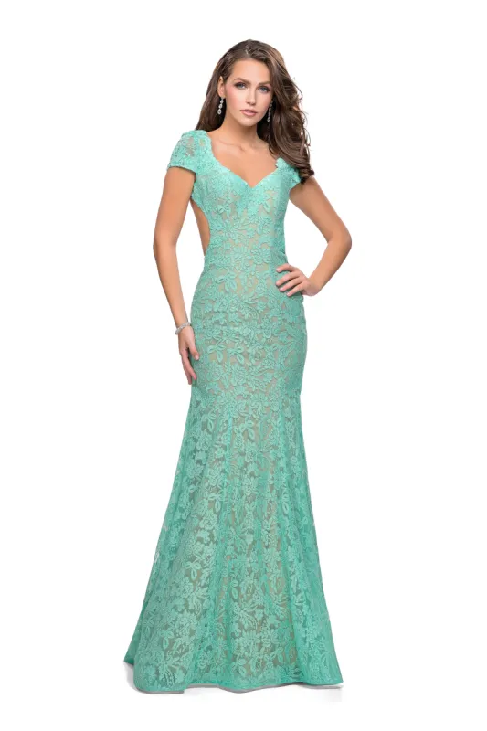 La Femme Long Lace Mermaid Prom Dress sold by PromGirl