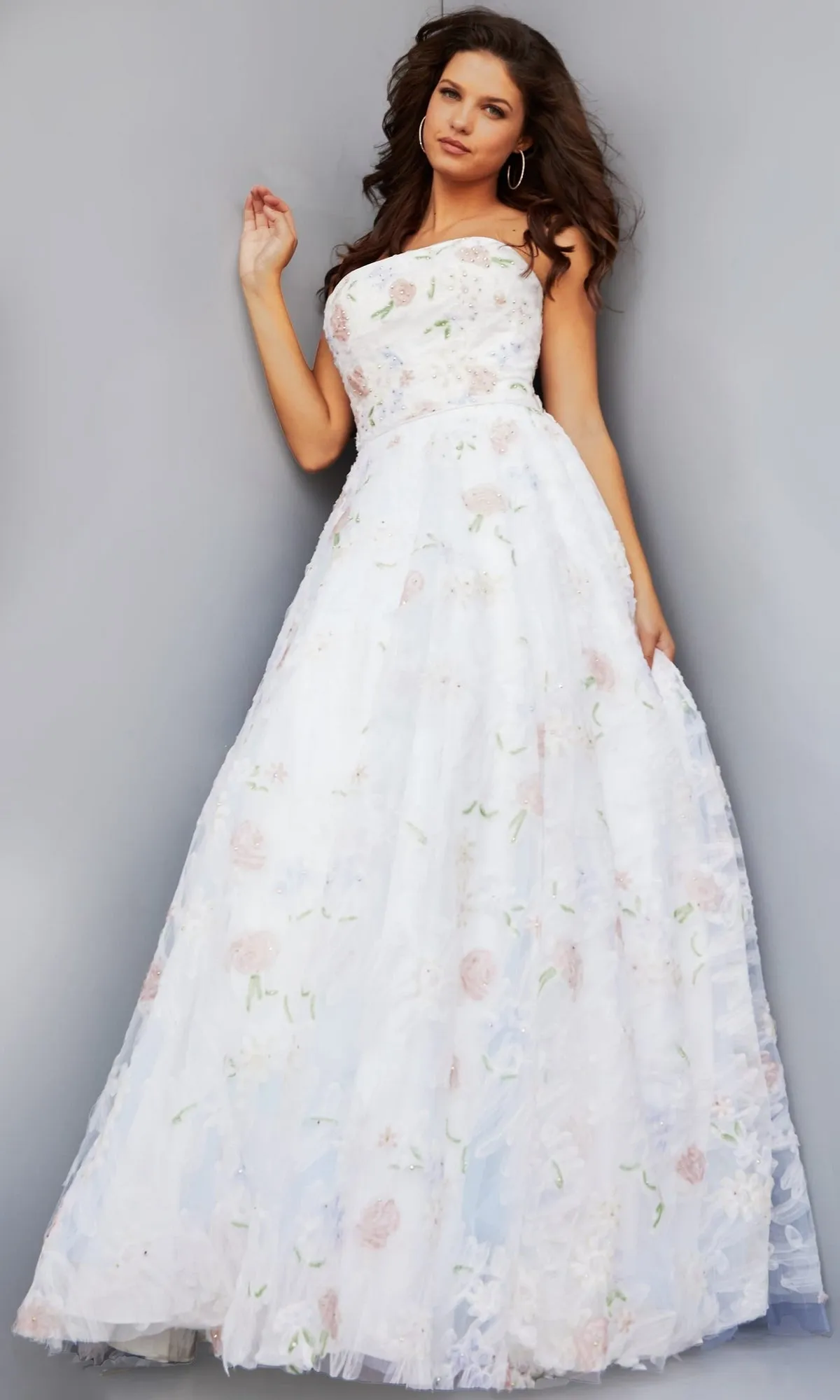 Jovani Strapless Long White Floral Prom Gown 07966 sold by PromGirl